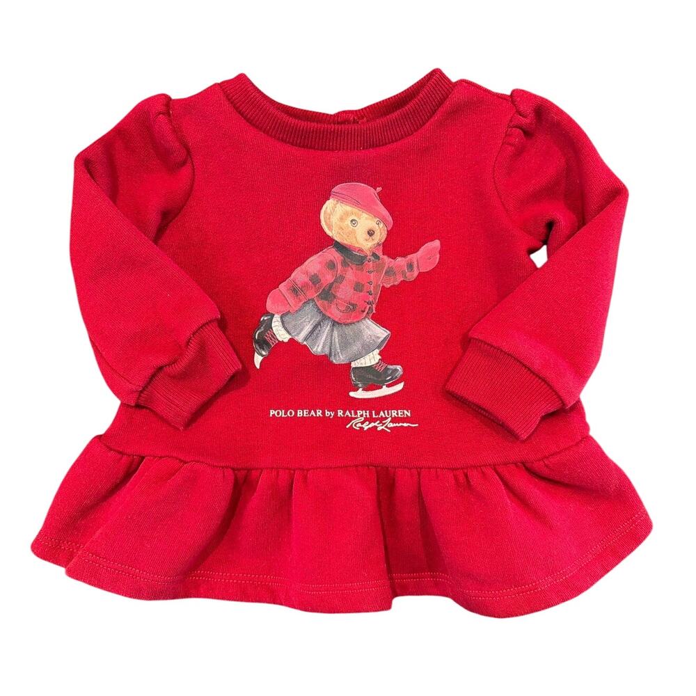 NWOT Ralph Lauren Polo Bear Baby Girl Peplum Sweatshirt, Red, 3 Months
